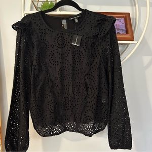 INC International Concepts Women's Large Black Eyelit Long Sleeve Shirt NWT